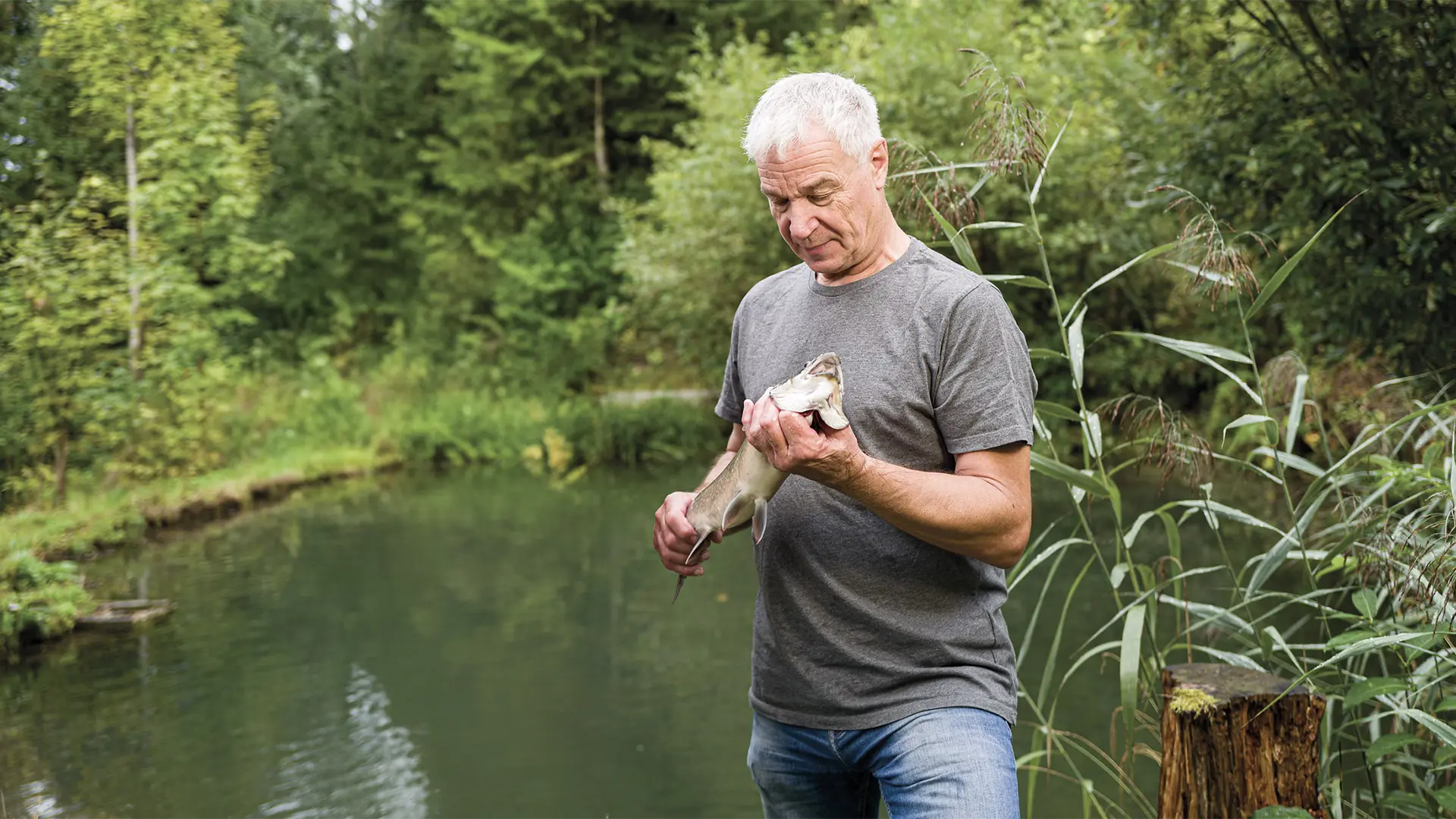 Rainer mit einem Saibling in der Hand, top Qualität